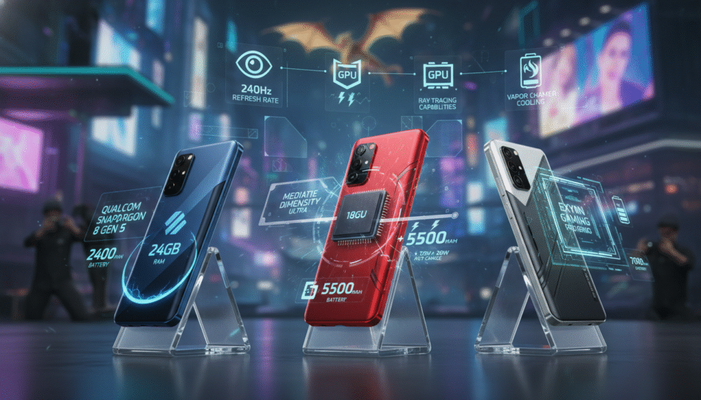 A visually striking image showcasing a vibrant and modern layout of gaming smartphone specifications from diverse candidates in 2025. In the foreground, display several smartphones in different colors and designs, with highlighted specs such as processor speed, RAM, and battery life artistically represented around them. The middle layer features a sleek, tech-inspired interface with icons and graphics that reflect gaming capabilities, hinting at features like high refresh rates and graphic performance. In the background, a blurred gaming environment creates an immersive atmosphere, possibly with soft neon lighting, hinting at advanced technology. The overall mood is dynamic and energetic, appealing to gaming enthusiasts looking for the best options. Use dramatic lighting to emphasize the devices, and create a cinematic depth of field for a professional presentation.
