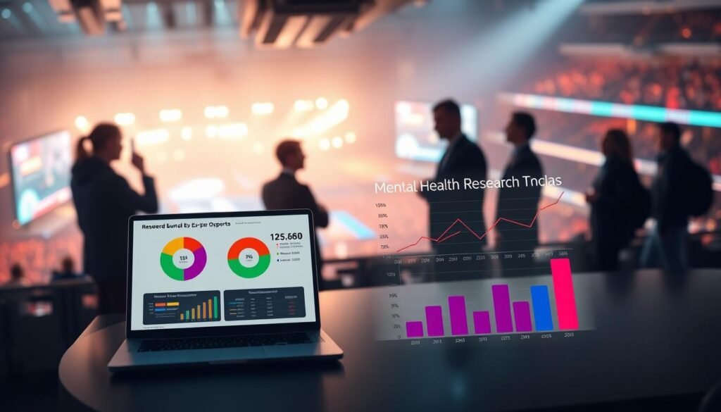 A visually striking infographic depicting mental health research data in esports, featuring statistics and graphs in a futuristic style. In the foreground, a sleek table with an open laptop displaying colorful pie charts and line graphs related to depression and burnout rates among ex-pro players. In the middle ground, silhouettes of professional players in business casual attire engaged in discussion, emphasizing collaboration and research. The background shows a blurred esports arena, with vibrant lights representing the competitive atmosphere. The mood is serious yet hopeful, illuminated by soft, warm lighting that creates an inviting atmosphere. The angle is slightly overhead, providing a comprehensive view of the scene, highlighting the importance of mental health awareness in the esports community.