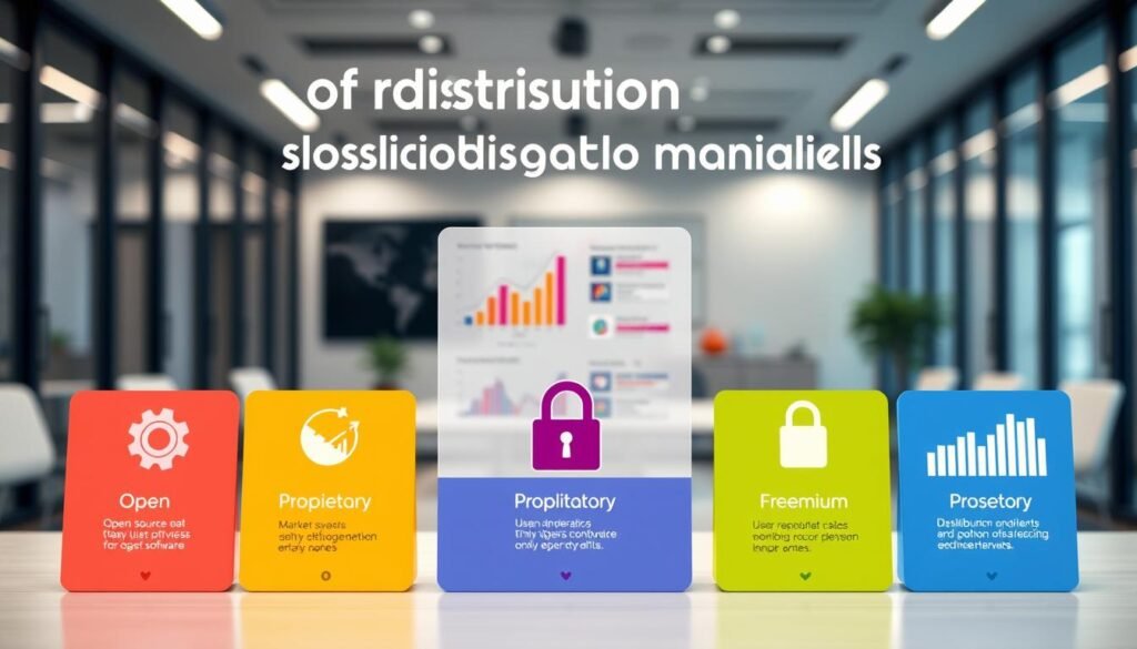 A visually striking infographic illustrating the classification of software based on distribution models. In the foreground, clearly defined categories display popular software types such as “Open Source,” “Proprietary,” and “Freemium” in vibrant colors, each represented by subtle icons (like gears for open source and a lock for proprietary). The middle ground features graphs and charts that display their market share and user demographics. The background showcases a sleek, modern office environment with soft, diffused lighting to create a professional mood. The image is captured from a slightly elevated angle to enhance clarity and depth, allowing viewers to easily differentiate between software types while maintaining a cohesive design aesthetic. The overall atmosphere is informative and engaging, perfect for a technical article.