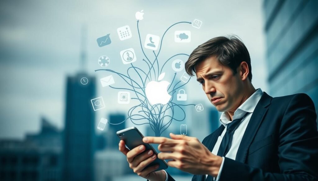 A visually striking representation of the limitations of the iOS system, showcasing a split-screen design. In the foreground, a frustrated user in professional attire is interacting with an Apple device, their expression reflecting confusion and annoyance. In the middle ground, various iOS interface elements, such as app icons and notifications, are depicted as seemingly tangled wires, symbolizing complexity and limitations. The background features a blurred cityscape, enhancing the feeling of being overwhelmed by technology. Soft, diffused lighting creates a contemplative mood, while a cool color palette of blues and grays emphasizes an atmosphere of frustration. The angle should be slightly tilted, adding dynamic tension to the scene, avoiding any text or graphic overlays. A visually striking representation of the limitations of the iOS system, showcasing a split-screen design. In the foreground, a frustrated user in professional attire is interacting with an Apple device, their expression reflecting confusion and annoyance. In the middle ground, various iOS interface elements, such as app icons and notifications, are depicted as seemingly tangled wires, symbolizing complexity and limitations. The background features a blurred cityscape, enhancing the feeling of being overwhelmed by technology. Soft, diffused lighting creates a contemplative mood, while a cool color palette of blues and grays emphasizes an atmosphere of frustration. The angle should be slightly tilted, adding dynamic tension to the scene, avoiding any text or graphic overlays.