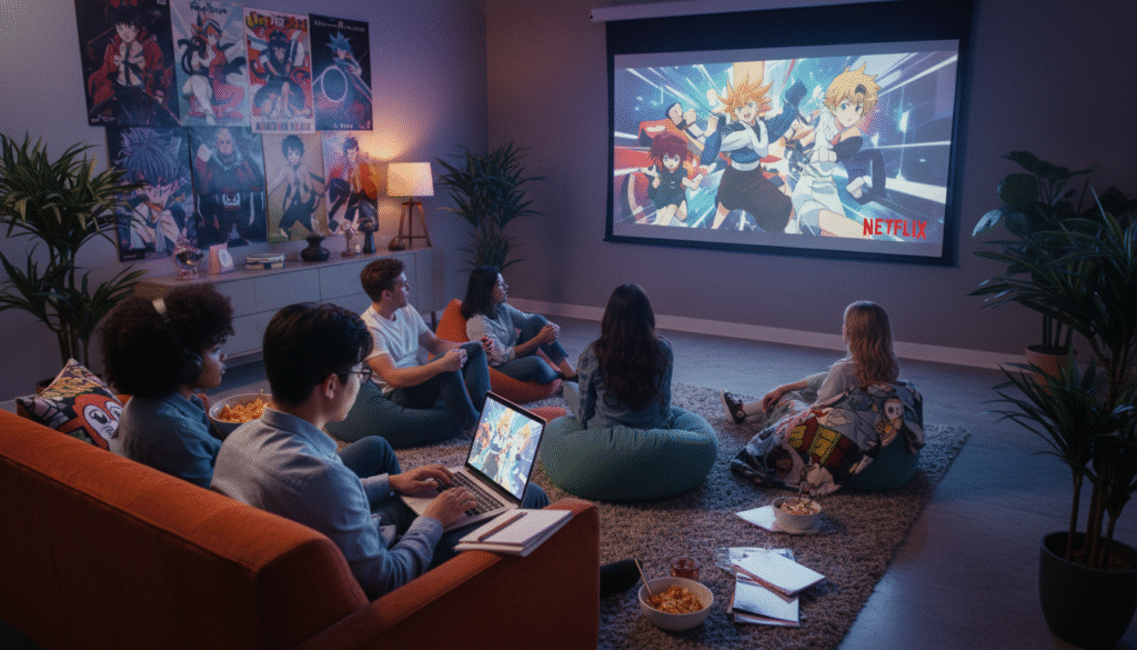 A visually striking scene depicting a stylized living room where a diverse group of young adults are gathered, intently watching anime streaming on a large screen featuring the recognizable Netflix logo. In the foreground, two friends sit on a comfortable sofa, one with headphones and a bowl of snacks, and the other taking notes on a laptop, showcasing a cozy and engaging atmosphere. In the middle, the vibrant colors of the anime on screen illuminate their faces, adding an energetic vibe. The background features various anime posters on walls, soft ambient lighting creating a welcoming feel, and plants adding a touch of warmth to the setting. The overall mood is relaxed and immersive, capturing the essence of the anime streaming experience.
