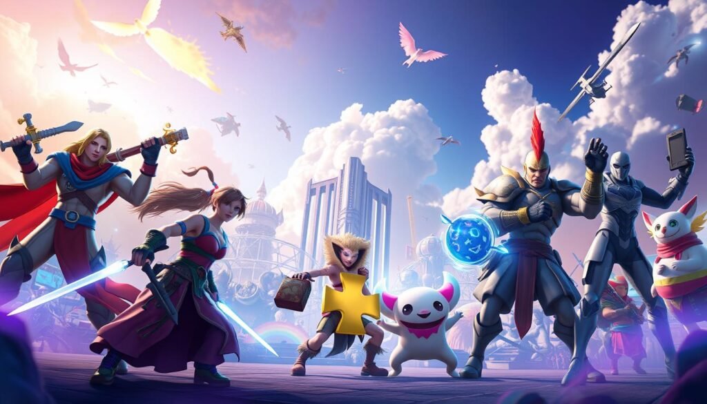 A visually striking scene showcasing an imaginative collection of seven iconic video game characters representative of the best PS Plus games for January 2025. In the foreground, feature vibrant and dynamic character designs that exude personality and action, such as a heroic warrior, a clever mage, and a whimsical creature. The middle ground should display a sleek, futuristic game-inspired environment filled with colorful elements that suggest adventure, strategy, and excitement. In the background, incorporate a vivid sky with dramatic clouds, hinting at an epic gaming universe. Capture soft, immersive lighting that highlights the characters and environment, with a slightly upward angle to create depth. The overall mood should be energetic and inspiring, reflecting the thrill of gaming.