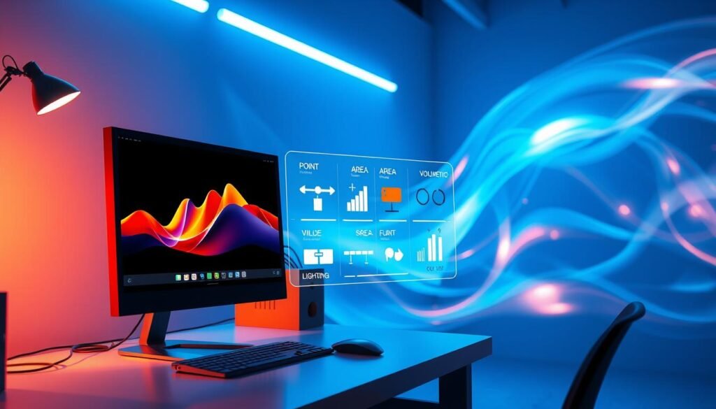 A visually stunning scene showcasing the latest lighting system features in Blender 4.1. In the foreground, highlight an artist's workstation with a state-of-the-art computer displaying a vibrant 3D rendering, illuminated by dynamic lighting effects casting soft shadows. The middle layer should feature a holographic interface demonstrating various lighting setups, such as point, area, and volumetric lights, with sliders and controls that suggest real-time adjustments. In the background, an abstract representation of fluid simulation flows seamlessly, infused with light reflections. The atmosphere is sleek and futuristic, with cool blue and warm orange tones blending together, creating an innovative and professional ambiance. Focus on clarity and depth, using a slightly angled perspective to draw the viewer into this high-tech environment. A visually stunning scene showcasing the latest lighting system features in Blender 4.1. In the foreground, highlight an artist's workstation with a state-of-the-art computer displaying a vibrant 3D rendering, illuminated by dynamic lighting effects casting soft shadows. The middle layer should feature a holographic interface demonstrating various lighting setups, such as point, area, and volumetric lights, with sliders and controls that suggest real-time adjustments. In the background, an abstract representation of fluid simulation flows seamlessly, infused with light reflections. The atmosphere is sleek and futuristic, with cool blue and warm orange tones blending together, creating an innovative and professional ambiance. Focus on clarity and depth, using a slightly angled perspective to draw the viewer into this high-tech environment.