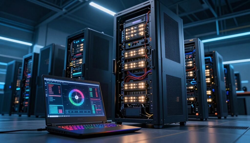 A vivid comparison of computational performance metrics between a high-end gaming laptop and a supercomputer. In the foreground, showcase a sleek, modern gaming laptop with colorful RGB lighting emanating from its keyboard, surrounded by digital readouts illustrating performance metrics like FLOPS and processing speed. In the middle, position a towering supercomputer with rows of blinking lights and intricate wiring, giving a sense of immense power. The background should feature a high-tech data center with cool blue lighting and servers lined up, enhancing the technological atmosphere. Capture the scene from a low-angle perspective to emphasize the size disparity, and use dramatic lighting to create a sense of depth and urgency, reflecting the intense analysis of speed. The mood should be dynamic and informative, focusing on the contrast in performance. A vivid comparison of computational performance metrics between a high-end gaming laptop and a supercomputer. In the foreground, showcase a sleek, modern gaming laptop with colorful RGB lighting emanating from its keyboard, surrounded by digital readouts illustrating performance metrics like FLOPS and processing speed. In the middle, position a towering supercomputer with rows of blinking lights and intricate wiring, giving a sense of immense power. The background should feature a high-tech data center with cool blue lighting and servers lined up, enhancing the technological atmosphere. Capture the scene from a low-angle perspective to emphasize the size disparity, and use dramatic lighting to create a sense of depth and urgency, reflecting the intense analysis of speed. The mood should be dynamic and informative, focusing on the contrast in performance.