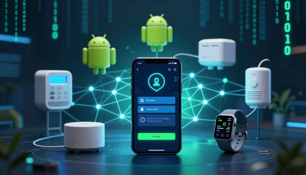 A vivid illustration depicting cybersecurity threats across various Android platforms and IoT devices. In the foreground, a sleek, modern smartphone displaying ominous security alerts on the screen, symbolizing vulnerabilities. Surrounding the smartphone, IoT devices such as smart home gadgets and wearables are connected, showcasing their interlinked nature. The middle ground features a visually striking digital network, represented by interconnected lines and nodes that illustrate data flow and potential points of attack. The background reveals a dark, cyber-themed atmosphere with glowing binary code cascading down, suggesting a high-tech environment. The lighting is dim with blue and green hues, evoking a sense of urgency and danger, while the overall mood reflects the seriousness of cybersecurity threats in our technology-driven world.