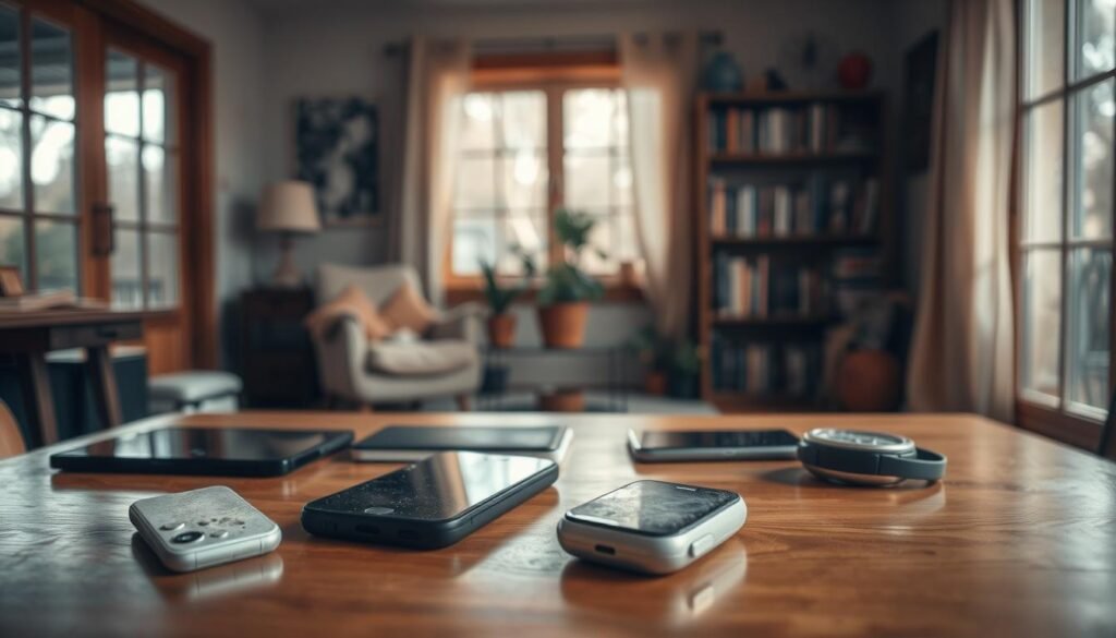 A warm, inviting room with a wooden table in the foreground displaying an assortment of unused gadgets, like an old smartphone, a dust-covered tablet, and a forgotten smartwatch. The middle ground features a cozy corner with a potted plant and a bookshelf filled with tech books, creating a sense of neglect. In the background, a soft-lit window lets in natural light, enhancing the nostalgic atmosphere. The overall mood is reflective and slightly melancholic, illustrating the notion of letting go of unused technology. The scene should be captured with a shallow depth of field effect, focusing on the gadgets in the foreground while gently blurring the background, enhancing the feeling of abandonment.