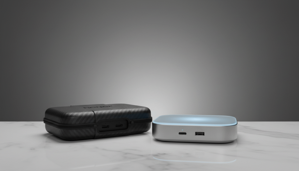 A well-lit tabletop scene featuring an Honor Power 2 charger and its protective case. The charger, sleek and modern, should be prominently displayed in the foreground, showcasing its innovative design and available ports. The case, beside it, should highlight durability and style, with a textured surface and precise cutouts. In the middle ground, let's include soft reflections on the surface to enhance the aesthetic. The background should be a simple gradient, focusing attention on the accessories without distractions. Use soft, diffused lighting to create a professional atmosphere, with a shallow depth of field to blur the background. Overall, the image should convey a sense of reliability and high-tech sophistication.