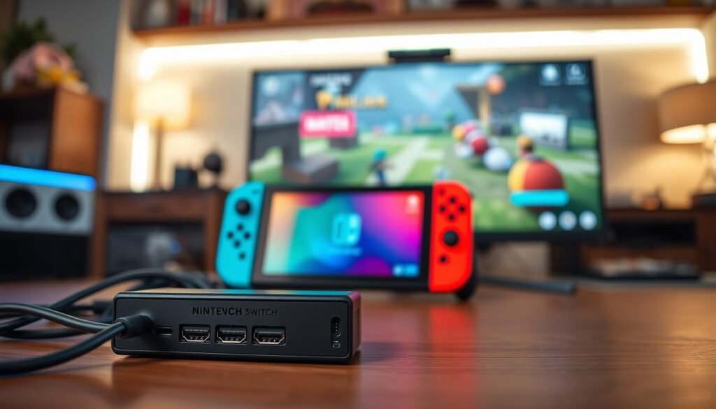 A well-organized Nintendo Switch gaming setup featuring a sleek capture card connected to the console. In the foreground, a close-up view highlights a high-resolution capture card with visible ports, surrounded by HDMI cables. The middle ground showcases a Nintendo Switch in vibrant colors, its screen displaying an engaging game scene. A high-quality gaming monitor sits adjacent, showcasing the gameplay in action, with the capture card before the console. The background is softly blurred, revealing a cozy gaming room atmosphere, illuminated by ambient lighting and a subtle glow from LED strips. The image should convey a professional yet inviting mood, focused on the technology of gameplay recording. Ensure clarity and detail, with sharp focus on the devices involved and a warm color palette.