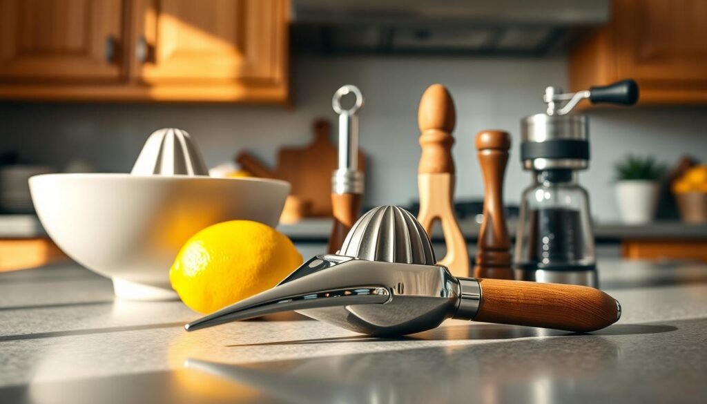 A well-organized kitchen countertop featuring various single-function cooking tools, highlighting their simplicity and distinct purposes. In the foreground, a sleek, stainless steel lemon juicer glistens under soft, natural lighting, surrounded by a vibrant yellow lemon, and an elegant ceramic bowl. In the middle ground, a wooden-handled garlic press and a compact coffee grinder are positioned neatly, showcasing their unique designs. The background displays a light, softly blurred kitchen setting with warm wooden cabinets, creating a cozy, inviting atmosphere. The scene should capture a sense of minimalism and practicality, emphasizing the theme of rarely used kitchen gadgets. The overall mood is serene and functional, with gentle shadows enhancing the textures of the tools. Shallow depth of field with a 35mm lens perspective.