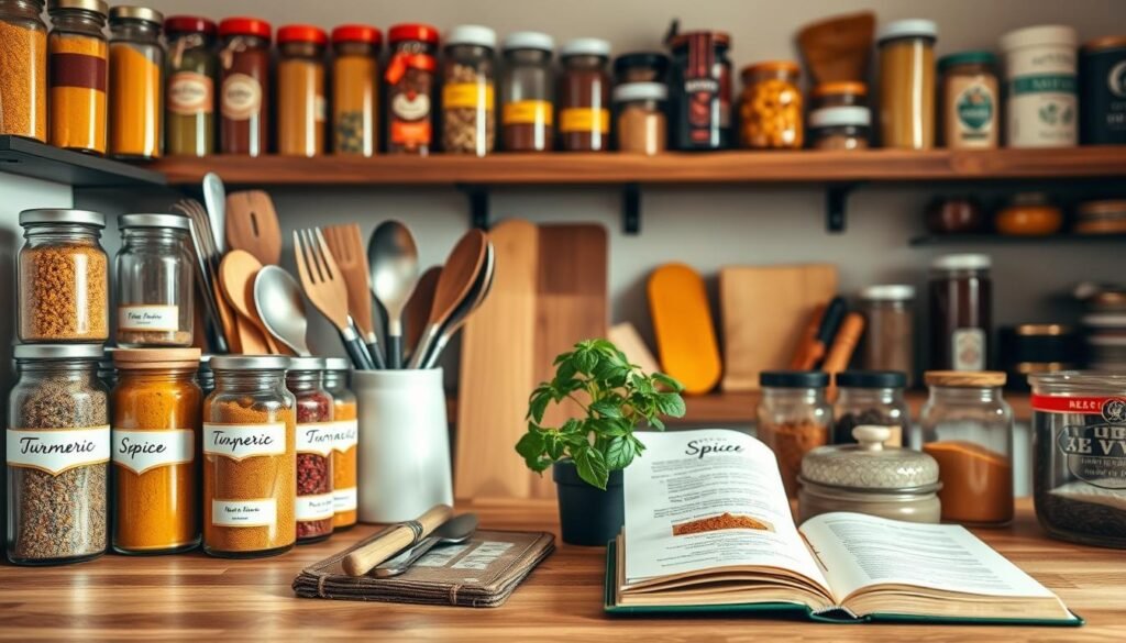 A well-organized kitchen spice rack filled with various jars and containers. In the foreground, showcase a beautiful array of colorful spices such as turmeric, paprika, and pepper in clear glass jars, with labels in an elegant font. In the middle ground, depict a wooden countertop with neatly arranged utensils, a small potted herb plant, and a rustic cookbook opened to a page about spices. In the background, softly lit shelves filled with neatly stacked ingredients and additional pantry items create a cozy atmosphere. Use warm, natural lighting to emphasize the textures of the wood and the rich colors of the spices, captured with a shallow depth of field to draw focus on the beautifully organized display while maintaining a sense of inviting warmth in the kitchen environment. A well-organized kitchen spice rack filled with various jars and containers. In the foreground, showcase a beautiful array of colorful spices such as turmeric, paprika, and pepper in clear glass jars, with labels in an elegant font. In the middle ground, depict a wooden countertop with neatly arranged utensils, a small potted herb plant, and a rustic cookbook opened to a page about spices. In the background, softly lit shelves filled with neatly stacked ingredients and additional pantry items create a cozy atmosphere. Use warm, natural lighting to emphasize the textures of the wood and the rich colors of the spices, captured with a shallow depth of field to draw focus on the beautifully organized display while maintaining a sense of inviting warmth in the kitchen environment.