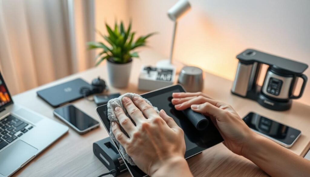 A well-organized workspace featuring various electronic devices, such as a laptop, smartphone, and kitchen gadgets, carefully arranged on a neat desk. In the foreground, a pair of hands gently cleaning a tablet screen with a microfiber cloth, symbolizing proper care. The middle layer showcases the electronic devices with visible protective covers and charging stations. In the background, a soft-lit room with warm, inviting lighting, emphasizing cleanliness and organization, with a potted plant adding a touch of greenery. The mood is calm and focused, illustrating the importance of maintaining electronics in a tidy environment. The perspective is slightly tilted from above, using a shallow depth of field to focus on the cleaning action while softly blurring the background.