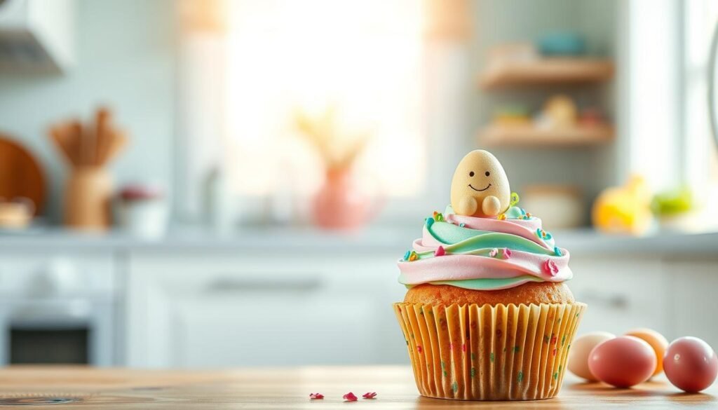A whimsical Android cupcake with a vibrant, mysterious design sits in the foreground. The cupcake features an intricate, multicolored frosting topped with a playful Easter egg hidden subtly among the sugary decorations. The middle layer displays a soft-focus background of a sunny kitchen with cheerful pastel hues, highlighting a sense of warmth and curiosity. Soft, natural lighting filters through a nearby window, casting delicate shadows and enhancing the cupcake's textures. The overall atmosphere evokes a sense of enchantment and intrigue, inviting the viewer to discover the secrets of this hidden Easter egg. The lens perspective should capture the cupcake at an inviting angle, emphasizing its delightful details without including any text or watermarks in the image.
