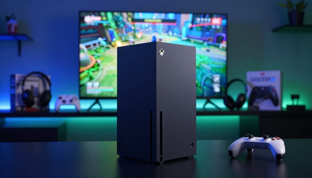 An Xbox Series X console prominently displayed in a modern gaming setup, showcasing its sleek design and distinctive black finish. Place the console in the foreground, with a vivid, illuminated gaming room in the middle, featuring a large 4K TV displaying gameplay with dynamic visuals. Soft LED lights create a vibrant blue and green ambiance, emphasizing the gaming theme. In the background, arrange game controllers, a headset, and game boxes to illustrate the gaming culture. Use dramatic lighting to highlight the console while ensuring the overall atmosphere feels immersive and high-energy, reflecting the excitement of the Quick Resume feature, while keeping the scene professional and inviting.