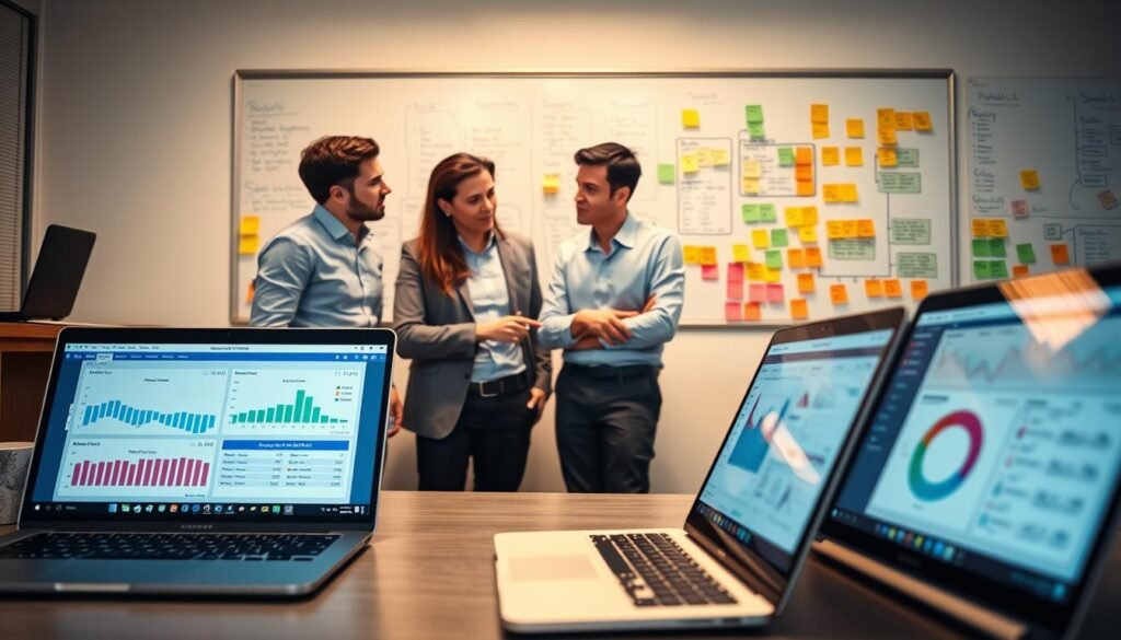An analytical scene depicting the "Methodology Analysis of System Applications" with a focus on Samsung One UI 6.1 and Pixel UI. In the foreground, a modern workspace with two laptops open, displaying software analysis charts and user interface comparisons, illuminated by soft, warm lighting. In the middle, a diverse group of three professionals in smart casual clothing engaged in discussion, examining data on the screens, with one pointing at a graph. The background features a large whiteboard filled with colorful sticky notes and flowcharts illustrating the testing methodology. The atmosphere is collaborative and focused, with a sense of innovation and detail, emphasizing the professionalism of the analysis process. The composition should have a slightly angled perspective to create depth.