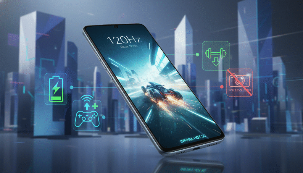 An artistic representation of the Infinix Hot 50 smartphone showcasing its key advantages and disadvantages. In the foreground, depict the Infinix Hot 50 prominently featuring its sleek design, vibrant 120Hz display glowing with dynamic gaming visuals. In the middle ground, illustrate icons or symbols representing its strengths, such as battery life, gaming performance, and 5G connectivity, contrasting with icons for weaknesses like weight and camera quality. The background should portray a modern, tech-savvy setting with abstract shapes suggesting speed and innovation. Use soft, ambient lighting to create a professional atmosphere. The angle should be slightly above eye level, emphasizing the smartphone and its features, creating an engaging, informative mood suitable for a tech review. An artistic representation of the Infinix Hot 50 smartphone showcasing its key advantages and disadvantages. In the foreground, depict the Infinix Hot 50 prominently featuring its sleek design, vibrant 120Hz display glowing with dynamic gaming visuals. In the middle ground, illustrate icons or symbols representing its strengths, such as battery life, gaming performance, and 5G connectivity, contrasting with icons for weaknesses like weight and camera quality. The background should portray a modern, tech-savvy setting with abstract shapes suggesting speed and innovation. Use soft, ambient lighting to create a professional atmosphere. The angle should be slightly above eye level, emphasizing the smartphone and its features, creating an engaging, informative mood suitable for a tech review.