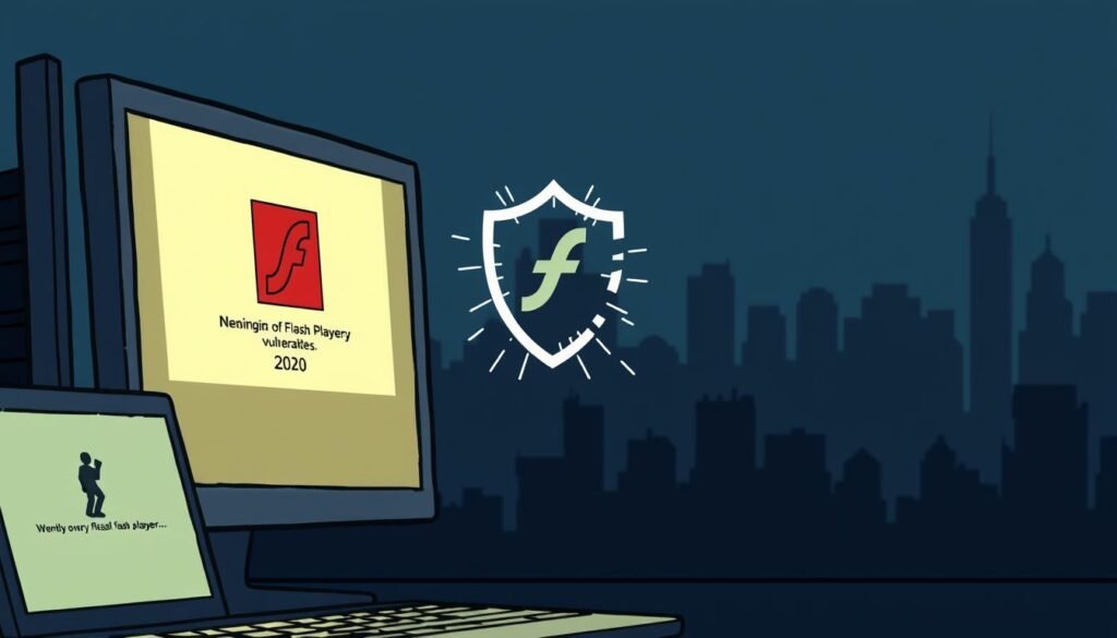 An artistic representation of the security issues surrounding Flash Player's discontinuation in 2020. In the foreground, a computer desktop displays a distressed warning message about security vulnerabilities, with an outdated Flash Player icon visible. The middle ground features a broken, shattered digital shield symbolizing compromised online safety. In the background, a silhouette of a city skyline is present, slightly blurred to suggest a digital landscape filled with outdated technology. The lighting is dim and moody, with a soft glow emanating from the computer screen, casting shadows that enhance the sense of urgency and caution. The overall atmosphere is tense and reflective, capturing the critical moment of Flash Player's decline. An artistic representation of the security issues surrounding Flash Player's discontinuation in 2020. In the foreground, a computer desktop displays a distressed warning message about security vulnerabilities, with an outdated Flash Player icon visible. The middle ground features a broken, shattered digital shield symbolizing compromised online safety. In the background, a silhouette of a city skyline is present, slightly blurred to suggest a digital landscape filled with outdated technology. The lighting is dim and moody, with a soft glow emanating from the computer screen, casting shadows that enhance the sense of urgency and caution. The overall atmosphere is tense and reflective, capturing the critical moment of Flash Player's decline.