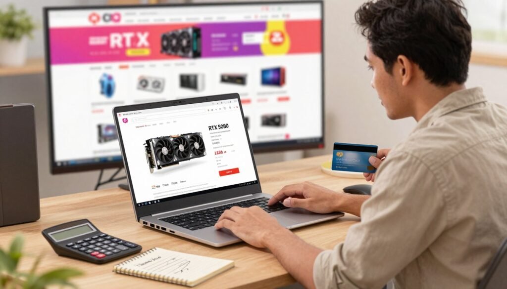 An informative illustration of safe shopping tips for an RTX 5080 graphics card on an online marketplace. In the foreground, depict a confident Indonesian man in modest casual clothing, scrutinizing a detailed, brightly lit laptop screen displaying a listing for an RTX 5080, showing price and product details clearly. The middle ground features a cluttered desk with essential shopping tools: a calculator, notepad with handwritten notes, and a credit card. The background shows a vibrant, colorful marketplace webpage, indicating a wide array of electronics. Soft, warm lighting enhances the scene, creating a cozy atmosphere of careful consideration and focus. Capture the essence of tech-savvy shopping while maintaining a professional look, avoiding any distracting elements. The overall mood should convey diligence and caution in online purchasing. An informative illustration of safe shopping tips for an RTX 5080 graphics card on an online marketplace. In the foreground, depict a confident Indonesian man in modest casual clothing, scrutinizing a detailed, brightly lit laptop screen displaying a listing for an RTX 5080, showing price and product details clearly. The middle ground features a cluttered desk with essential shopping tools: a calculator, notepad with handwritten notes, and a credit card. The background shows a vibrant, colorful marketplace webpage, indicating a wide array of electronics. Soft, warm lighting enhances the scene, creating a cozy atmosphere of careful consideration and focus. Capture the essence of tech-savvy shopping while maintaining a professional look, avoiding any distracting elements. The overall mood should convey diligence and caution in online purchasing.