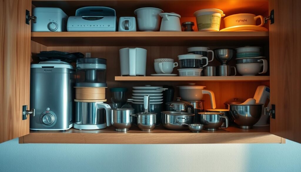 An organized kitchen cupboard filled with unused kitchen gadgets and tools, showcasing items like a bread maker, a juicer, a yogurt maker, and multiple measuring cups. In the foreground, the gadgets are well-arranged, casting shadows on a polished wooden shelf, accented by soft, warm lighting that creates a cozy, inviting atmosphere. The middle should feature a slightly open cupboard door, revealing the layers of kitchenware, some still in their original packaging, while others are dusty and untouched. The background is a simple kitchen wall, subtly blurred to draw focus on the neglected appliances. The overall mood is reflective, evoking the charm of domestic life and the irony of items that were once desired but have now become mere occupants of the cupboard. An organized kitchen cupboard filled with unused kitchen gadgets and tools, showcasing items like a bread maker, a juicer, a yogurt maker, and multiple measuring cups. In the foreground, the gadgets are well-arranged, casting shadows on a polished wooden shelf, accented by soft, warm lighting that creates a cozy, inviting atmosphere. The middle should feature a slightly open cupboard door, revealing the layers of kitchenware, some still in their original packaging, while others are dusty and untouched. The background is a simple kitchen wall, subtly blurred to draw focus on the neglected appliances. The overall mood is reflective, evoking the charm of domestic life and the irony of items that were once desired but have now become mere occupants of the cupboard.