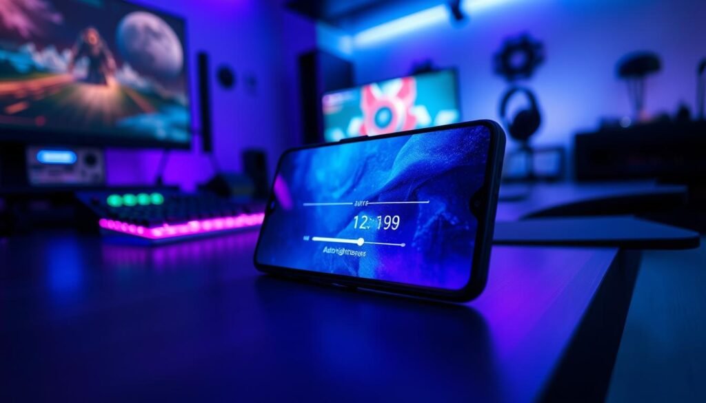 "Illustrate a OnePlus 12 smartphone in Gaming Mode showing a bug where the auto-brightness cannot be turned off. The phone screen should display a brightness slider stuck or unresponsive, with a glowing auto-brightness icon indicating it’s forced on. Include subtle UI hints of Gaming Mode, such as performance stats or gaming overlays. Add visual cues like fluctuating screen brightness or rays of light to emphasize the malfunction. Use a clean, modern, semi-realistic tech aesthetic suitable for a tech article or YouTube thumbnail."