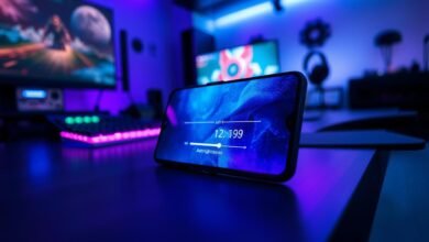 "Illustrate a OnePlus 12 smartphone in Gaming Mode showing a bug where the auto-brightness cannot be turned off. The phone screen should display a brightness slider stuck or unresponsive, with a glowing auto-brightness icon indicating it’s forced on. Include subtle UI hints of Gaming Mode, such as performance stats or gaming overlays. Add visual cues like fluctuating screen brightness or rays of light to emphasize the malfunction. Use a clean, modern, semi-realistic tech aesthetic suitable for a tech article or YouTube thumbnail."