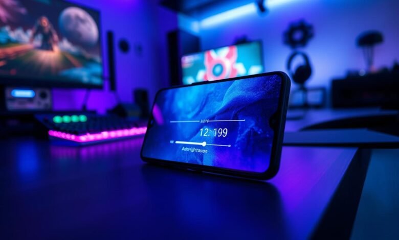 "Illustrate a OnePlus 12 smartphone in Gaming Mode showing a bug where the auto-brightness cannot be turned off. The phone screen should display a brightness slider stuck or unresponsive, with a glowing auto-brightness icon indicating it’s forced on. Include subtle UI hints of Gaming Mode, such as performance stats or gaming overlays. Add visual cues like fluctuating screen brightness or rays of light to emphasize the malfunction. Use a clean, modern, semi-realistic tech aesthetic suitable for a tech article or YouTube thumbnail."