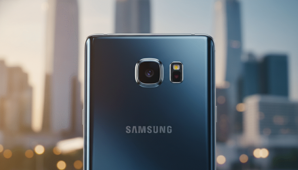 A close-up, high-resolution image showcasing the camera features of a Samsung Galaxy Note 5. The foreground should prominently display the sleek design of the phone, emphasizing the lens and flash. In the middle ground, include a subtle gradient backdrop that highlights the device's premium metallic and glass finish, reflecting soft ambient lighting. In the background, suggest a blurred urban setting to convey a modern lifestyle, enhancing the smartphone's technological aspect. The overall mood should be stylish and sophisticated, with bright, natural lighting that accentuates the details and textures of the phone. Focus on creating an inviting yet professional atmosphere, perfect for showcasing the Galaxy Note 5's capabilities.