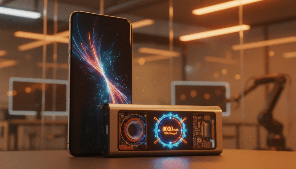 A close-up image of a powerful 8,000 mAh smartphone battery set against a sleek, modern background. The battery is prominently displayed in the foreground, showcasing its intricate design, highlighting the energy capacity with a glowing, vibrant display. In the middle, include a contemporary smartphone elegantly positioned, reflecting the future of mobile technology. The background features a soft-focus, high-tech office setting with subtle ambient lighting, evoking a sense of innovation and progress in battery technology. Use a warm color palette to create a positive and inspiring atmosphere, captured with a slight depth of field effect to emphasize the primary subjects. A close-up image of a powerful 8,000 mAh smartphone battery set against a sleek, modern background. The battery is prominently displayed in the foreground, showcasing its intricate design, highlighting the energy capacity with a glowing, vibrant display. In the middle, include a contemporary smartphone elegantly positioned, reflecting the future of mobile technology. The background features a soft-focus, high-tech office setting with subtle ambient lighting, evoking a sense of innovation and progress in battery technology. Use a warm color palette to create a positive and inspiring atmosphere, captured with a slight depth of field effect to emphasize the primary subjects.