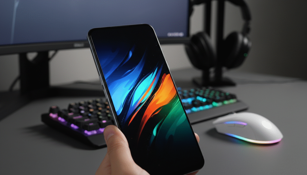 A close-up image of the Infinix Note 40 4G smartphone, showcasing its vibrant AMOLED display with deep black levels and bright colors. The phone should be positioned on a sleek, modern desk with subtle gaming accessories like a wireless gaming mouse and a mechanical keyboard in the background. The lighting is soft yet focused, with a gentle glow highlighting the phone's screen to emphasize the clarity and richness of the display. The angle is slightly tilted to capture both the front of the phone and a glimpse of the sleek design, creating an immersive and contemporary atmosphere. The overall mood is energetic and premium, reflecting the high-quality gaming experience it offers.