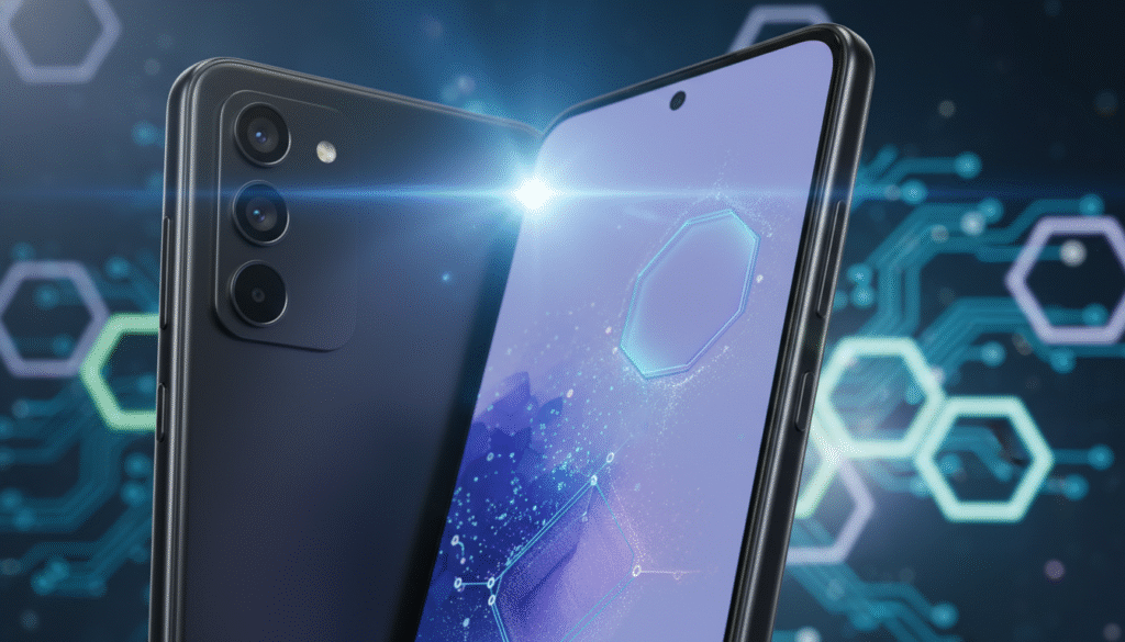 A close-up image of the Samsung Galaxy A56 5G smartphone, showcased prominently in the foreground, displaying its sleek design and advanced features. The device should be angled slightly to exhibit its premium finish, with the camera lens and buttons clearly visible. In the middle ground, include subtle highlights that emphasize the phone's vibrant screen lighting, showcasing an abstract wallpaper that enhances the futuristic feel. The background should be softly blurred, featuring tech-themed elements such as circuit patterns or faint digital textures to create a tech-savvy atmosphere. The lighting should be soft but bright, capturing the details without harsh shadows. The overall mood of the image should evoke innovation and sophistication, underscoring the advanced specifications of the device.