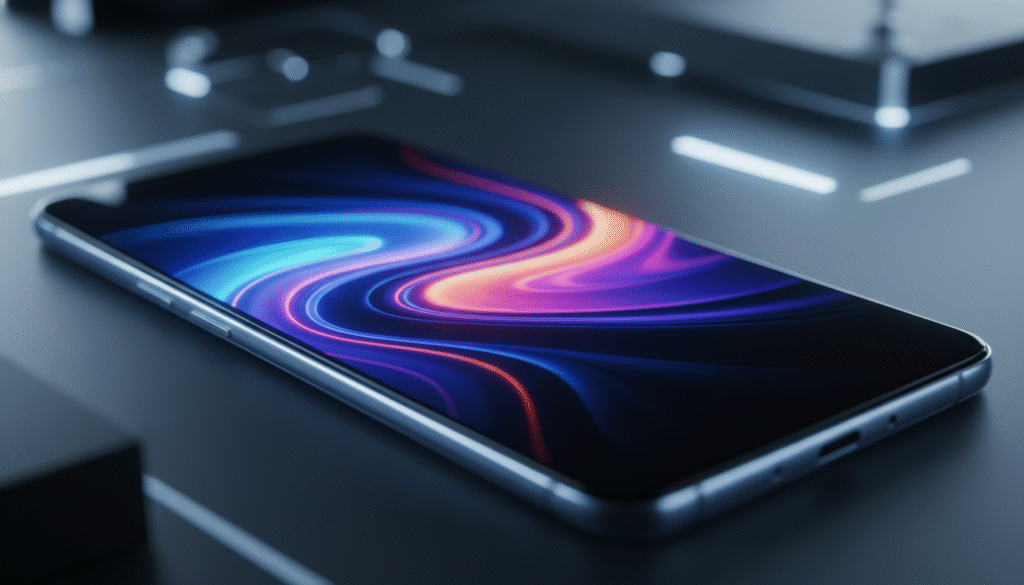 A close-up of an AMOLED smartphone display, specifically showcasing the Oppo Reno15's screen. The foreground features the screen with vibrant colors displaying a high-definition, sharp image, highlighting the responsiveness and vivid details typical of AMOLED technology. The middle ground includes the sleek frame of the smartphone, subtly backlit to enhance reflections, portraying a premium feel. The background is softly blurred, enhancing the focus on the phone and evoking a modern electronic environment. The lighting is natural and soft, enhancing color saturation without glare. The mood is sophisticated and tech-savvy, inviting viewers to appreciate the visual quality and design of the device.