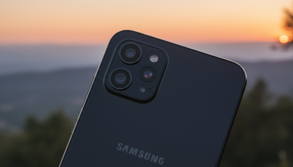 A close-up shot of a Samsung Galaxy A05s smartphone displaying its 50MP camera lens prominently in sharp focus. The phone is set against a blurred background of vibrant outdoor scenery, showcasing a colorful sunset with warm hues of orange and pink, evoking a sense of tranquility and wonder. In the foreground, the lens of the camera gleams under soft, natural lighting, emphasizing its sleek design and sophisticated technology. The angle should capture the camera's intricate details, highlighting reflections and textures, while maintaining a polished and professional presentation. The overall atmosphere should convey excitement and curiosity about the camera's capabilities, inviting viewers to explore its performance in capturing beautiful moments.
