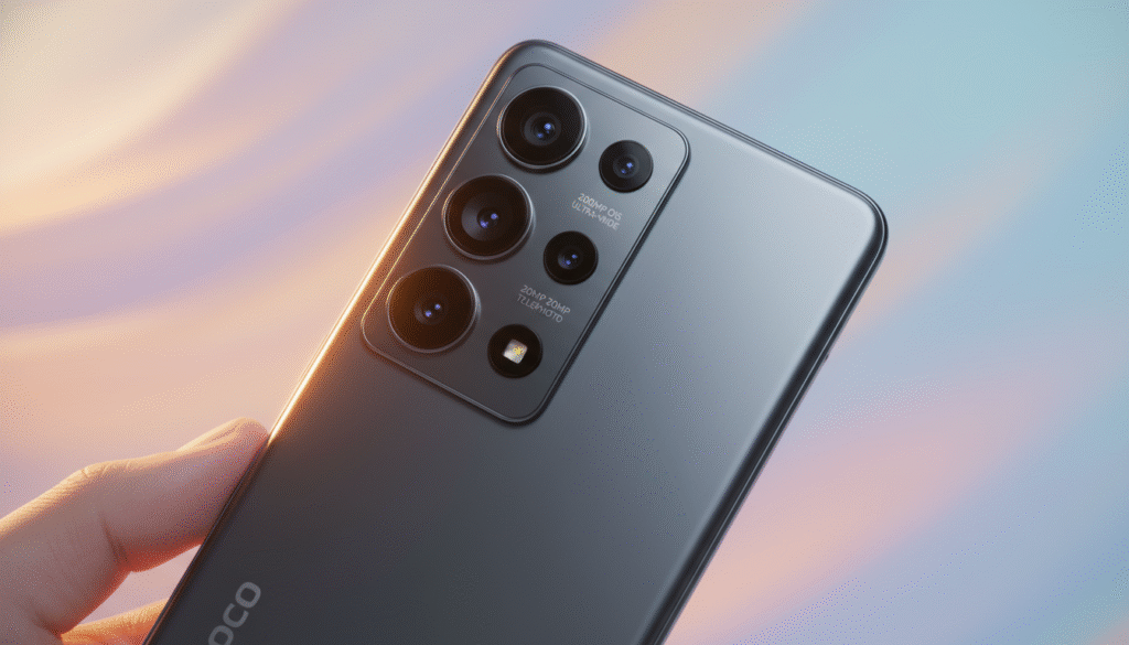 A close-up shot of the Poco X8 Pro Max smartphone, showcasing its innovative camera features. The foreground presents the phone held at a slight angle, highlighting the sleek design and multiple lenses on the back. In the middle, the camera lenses are clearly visible, each labeled subtly with their specifications like megapixels. The background is a blurred gradient of soft colors, reminiscent of a photography setting, creating a focus on the device. Warm, natural lighting enhances the phone's metallic finish, giving it an attractive shimmer. The overall mood is professional and tech-savvy, aiming to evoke a sense of excitement about the camera capabilities of the Poco X8 Pro Max.