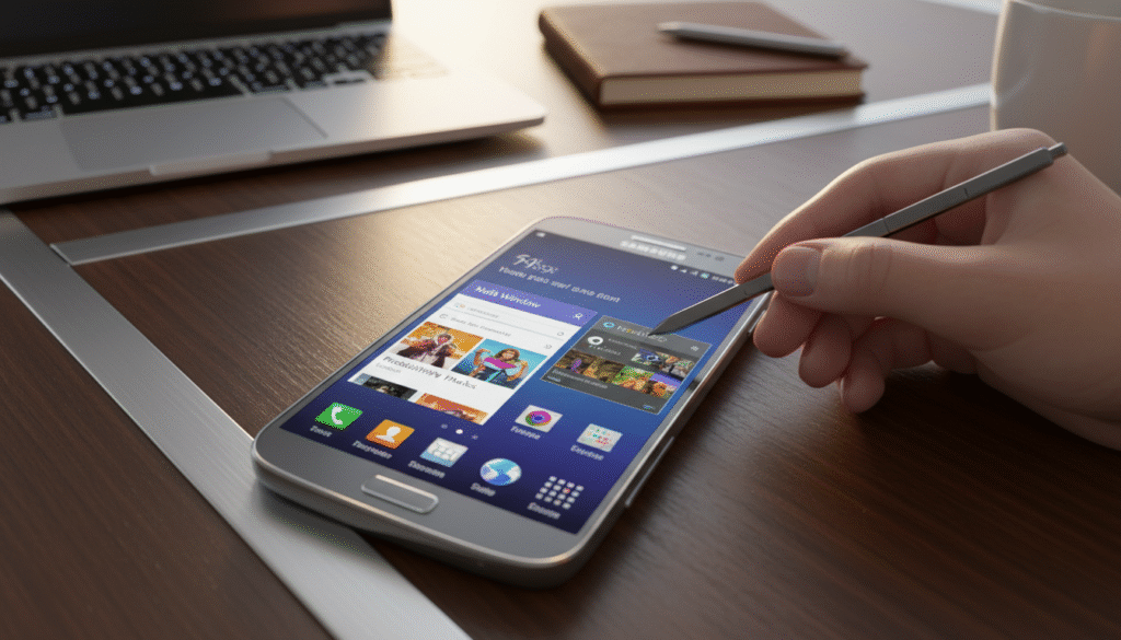 A close-up view of a Galaxy Note 3 placed on a sleek, modern desk. The smartphone’s display showcases its vibrant Super AMOLED screen with vivid colors and intricate details of its unique features: S Pen stylus, multi-window functionality, and customizable interface. In the foreground, a hand is gently holding the S Pen, emphasizing its usability. The middle ground features a soft-focus background of contemporary office items, like a laptop and a notepad, creating a dynamic workspace atmosphere. Warm, natural lighting floods the scene, enhancing the high-tech appeal of the device. The angle is slightly tilted to create depth, inviting the viewer to appreciate the timeless design and unique features of the Galaxy Note 3, evoking a sense of nostalgia combined with modern practicality.