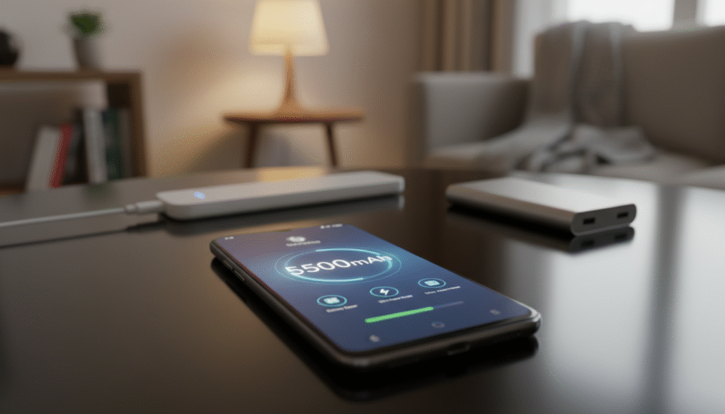 A close-up view of a sleek, modern smartphone prominently displaying its 5500mAh battery capacity. The smartphone is positioned on a reflective surface to emphasize its streamlined design. In the foreground, show the phone’s screen illuminated with a vibrant display showcasing apps that highlight battery life features. In the middle ground, soft-focus elements like a stylish wireless charger and power bank subtly suggest the theme of battery endurance. The background is softly blurred to suggest a cozy home environment, with warm lighting that adds a comfortable atmosphere. Capture this scene with a slight overhead angle using natural light to create an inviting ambiance, evoking a sense of reliability and efficiency in smartphone technology.