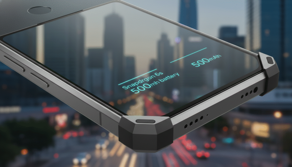 A detailed close-up view of the Oppo A3x smartphone showcasing its rugged design and resilience features. The foreground highlights the sleek edges of the phone, emphasizing its durability with reinforced corners and a strong glass surface. In the middle ground, faint reflections of technical specifications like 'Snapdragon 6s' and '5100mAh battery' appear subtly integrated into the design, blended into the background. The background consists of a blurred urban landscape, hinting at the device's suitability for everyday use. Soft, ambient lighting emphasizes the phone's premium finishes, with a slight dramatic angle to accentuate its dimensions. The mood is confident and professional, aiming to reflect strength and reliability, ideal for a tech review image.