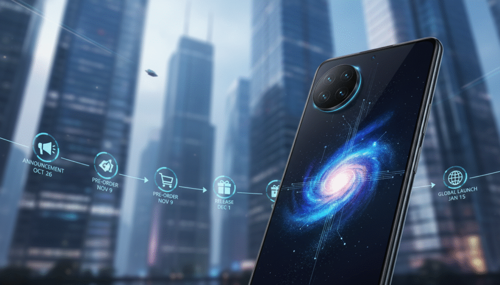 A detailed digital illustration of a smartphone launch timeline, featuring a sleek and modern design. In the foreground, include a visually appealing, futuristic smartphone model resembling the Honor X80, with notable design elements like a high-resolution display and a stylish camera module. In the middle, depict a timeline with key dates and visual icons representing various milestones in the phone's launch journey, such as announcement, pre-order, and release dates, with arrows indicating progression. In the background, create a blurred cityscape to evoke a tech-forward environment, illuminated with soft lighting that suggests excitement and anticipation. Use a slight upward angle to add depth, while maintaining a professional and polished mood, suitable for a technology-focused article.