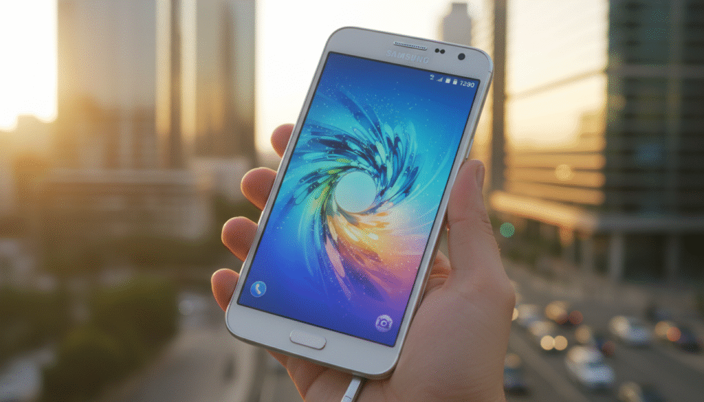 A detailed high-resolution image of the Samsung Galaxy Note 3, showcasing its sleek design and vibrant screen. The smartphone is prominently displayed in the foreground, angled slightly to highlight its curved edges and textured back cover. In the middle ground, a hand gently holds the device, emphasizing its ergonomics and comfortable grip. The background features a soft blurred urban environment, hinting at modernity while keeping the focus on the phone. Warm, natural lighting enhances the colors of the phone's display, creating a pleasant and inviting atmosphere. The image conveys a sense of nostalgia and timeless appeal, illustrating how the Galaxy Note 3 remains relevant and appealing in today’s smartphone landscape.