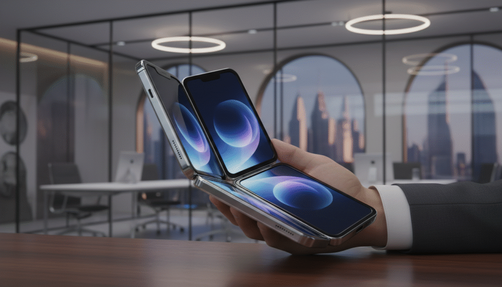 A futuristic scene featuring a sleek, foldable iPhone with a glossy, metallic finish, partially open to showcase its innovative dual-screen design. The foreground highlights the smartphone's seamless hinge mechanism, emphasizing its cutting-edge technology. In the middle ground, a hand model dressed in professional business attire gently holds the device, demonstrating its ergonomic grip and comfort. The background depicts a modern office setting with soft, ambient lighting that creates a professional yet inviting atmosphere. The composition is crafted to evoke a sense of anticipation and elegance, focusing on the expected design and usability of the foldable iPhone, with soft reflections on the table surface enhancing the overall aesthetic. A futuristic scene featuring a sleek, foldable iPhone with a glossy, metallic finish, partially open to showcase its innovative dual-screen design. The foreground highlights the smartphone's seamless hinge mechanism, emphasizing its cutting-edge technology. In the middle ground, a hand model dressed in professional business attire gently holds the device, demonstrating its ergonomic grip and comfort. The background depicts a modern office setting with soft, ambient lighting that creates a professional yet inviting atmosphere. The composition is crafted to evoke a sense of anticipation and elegance, focusing on the expected design and usability of the foldable iPhone, with soft reflections on the table surface enhancing the overall aesthetic.