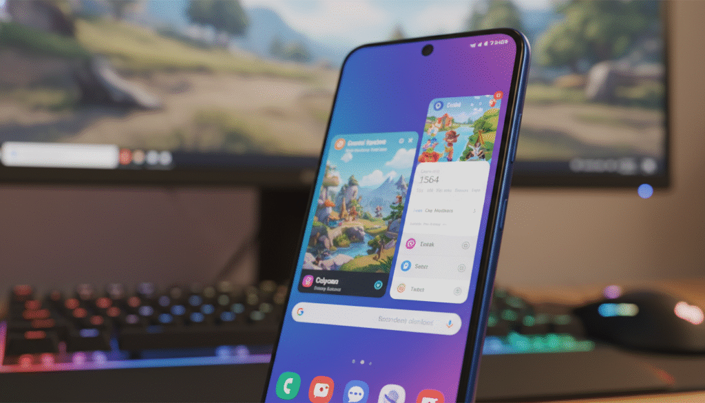A high-performance Samsung Galaxy A56 5G smartphone displayed prominently in the foreground, showcasing its sleek design with vibrant colors reflecting off the screen. The background features a dynamic gaming setup with a glowing RGB keyboard and mouse, emphasizing a multitasking environment. Soft, focused lighting enhances the details of the phone and gaming gear, creating a modern and tech-savvy atmosphere. The angle captures the phone slightly tilted, revealing its interface displaying a popular mobile game alongside productivity apps, symbolizing its multitasking capabilities. Overall, the mood conveys excitement and efficiency, perfect for gaming enthusiasts and multitaskers alike.