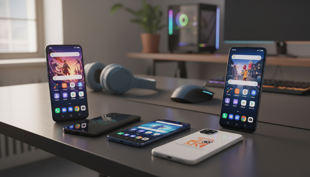 A high-quality, detailed image showcasing three Realme smartphones arranged on a sleek, modern desk. In the foreground, the smartphones feature vibrant screens displaying gaming interfaces, with each phone angled slightly for visual interest. The middle layer captures soft, diffused lighting coming from a nearby window, creating a warm and inviting atmosphere. In the background, there are subtle hints of gaming accessories, like headphones and a gaming mouse, to emphasize the gaming theme. The overall mood is energetic yet professional, appealing to tech-savvy readers considering their next smartphone purchase. The visual style is clean and contemporary, with a focus on the devices themselves, ensuring no text, logos, or watermarks are present.