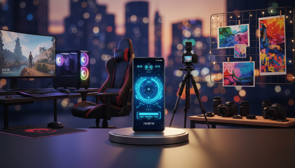A high-resolution image showcasing the Realme C67 smartphone juxtaposed against a gaming environment and a photography setting. In the foreground, the Realme C67 is prominently displayed, with its sleek design and vibrant screen illuminating features of a gaming interface. To the left, a gaming setup with a modern gaming chair and RGB lighting adds to the atmosphere, while to the right, an artistic photography arrangement features a DSLR camera and vibrant photo prints. The background reveals a blurred urban setting with soft bokeh lights, suggesting a lively, youthful vibe. The scene is well-lit with dynamic angles, utilizing dramatic shadows to convey excitement and creativity, capturing the balance between gaming and photography in an engaging and colorful way.