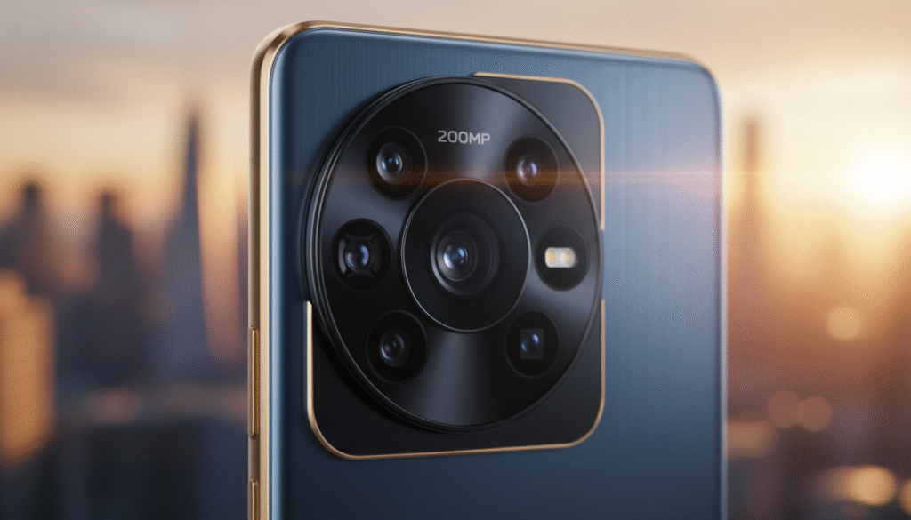 A highly detailed close-up of the Vivo X300 Ultra camera, showcasing its sleek design and advanced features, prominently displaying the impressive 200MP camera lens. The foreground highlights the lens and the innovative camera technology. In the middle ground, the camera's sophisticated body design with luxurious textures and materials is visible, reflecting modern aesthetics. The background features a beautifully blurred cityscape, hinting at photography potential, illuminated by warm, golden hour lighting that adds a captivating atmosphere. The focus should be sharp on the camera while softly blurring the background, creating depth. The image conveys a sense of innovation and professionalism, inviting viewers to appreciate the groundbreaking features of this flagship smartphone camera.