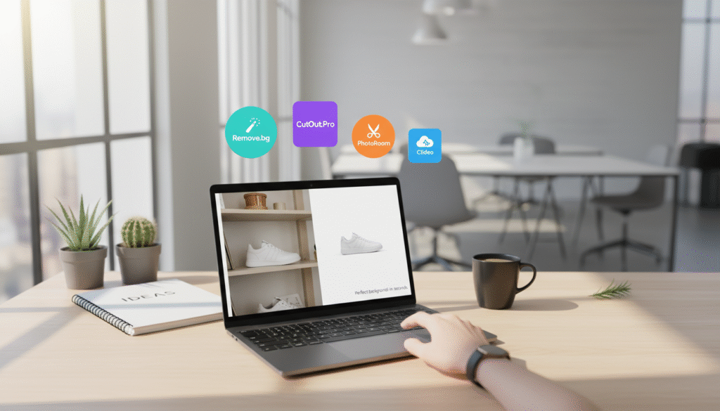 A modern digital workspace illustrating various online background removal tools. In the foreground, a sleek laptop screen displaying a user-friendly interface with images before and after background removal. A hand is cautiously poised above the touchpad, demonstrating the ease of use. The middle layer features vibrant icons of popular background removal tools, creatively arranged and subtly hovering. The background is a bright, airy office space with soft natural lighting filtering through large windows, casting gentle shadows. Incorporate elements of productivity such as a stylish notebook, a cup of coffee, and potted plants to enhance the atmosphere of efficiency and modernity. The overall mood should be optimistic and inviting, showcasing the simplicity of achieving perfect background removal in just seconds.