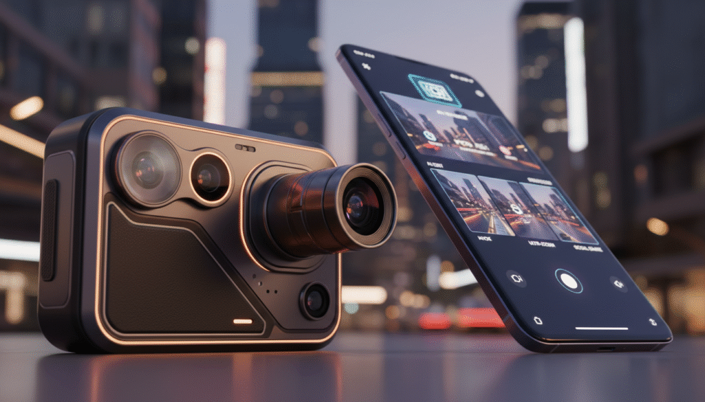 A modern smartphone camera system for 2026, showcasing advanced features with a sleek design. In the foreground, display the camera module prominently, featuring multiple lenses, including wide-angle and telephoto, with a distinct design aesthetic. The middle ground includes a high-tech smartphone partially turned on, displaying a vibrant camera interface. The background features a soft-focus urban environment with dynamic lighting, suggesting a creative content creation setting. Use warm ambient lighting to create an inviting atmosphere, highlighting the smartphone's glossy finish. Capture the scene from a slight low angle to emphasize the camera's sophistication and advanced technology, combining a sense of innovation with practicality for social media and content creation.