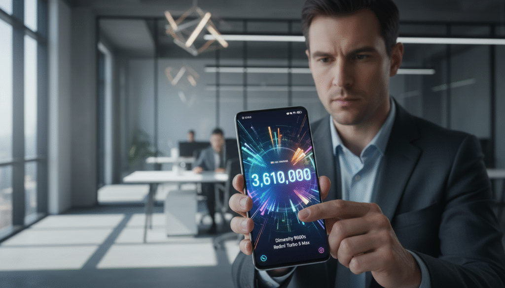 A modern smartphone design showcasing the performance of the Redmi Turbo 5 Max with the Dimensity 9500s chipset, intricately displayed in the foreground. The phone screen prominently features a high-scoring AnTuTu benchmark of 3.61 million, illuminated with vibrant colors to grab attention. In the middle ground, a user is portrayed, dressed in professional business attire, deeply engaged in exploring the device's capabilities. The background features a sleek, high-tech office environment with subtle lighting and a minimalist aesthetic, conveying a professional atmosphere. Soft light from a nearby window casts gentle shadows, enhancing the mood of innovation and reliability. The focus is clear, with a shallow depth of field emphasizing both the smartphone and the user’s focused expression, creating a sense of high-performance technology in action.