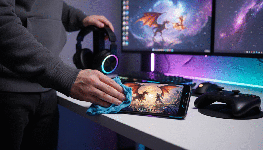 A modern smartphone designed for gaming, placed on a sleek, minimalistic desk. The phone, showing vivid graphics of a popular mobile game on its screen, is surrounded by gaming accessories like a high-quality gaming headset and a controller. In the background, a well-organized gaming setup featuring RGB lighting creates a dynamic atmosphere. Soft, ambient lighting highlights the phone, emphasizing its design and features. A professional person in casual attire is carefully cleaning the phone screen with a microfiber cloth, conveying the theme of optimal smartphone care. The image's mood is energetic yet focused, representing dedication to maintaining gaming performance. The composition should have a clear depth of field, showcasing the foreground, middle, and background effectively.