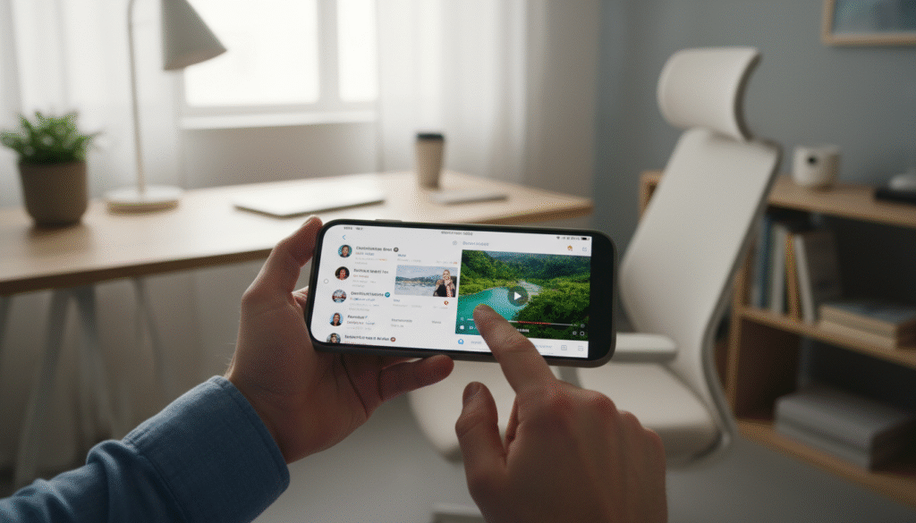 A modern smartphone displayed prominently in the foreground, showcasing a vibrant split-screen feature with two active applications—a social media app on one side and a video streaming service on the other. The smartphone should have a sleek design, featuring a large display with minimal bezels and a stylish matte finish. In the middle ground, a pair of hands, dressed in smart casual attire, reaches towards the smartphone, illustrating user interaction. The background features a stylish home office setup with soft, natural lighting coming from a nearby window, enhancing the modern and productive atmosphere. Capture the image from a slightly overhead angle to emphasize the multitasking capability of the device, evoking a sense of efficiency and modern lifestyle.