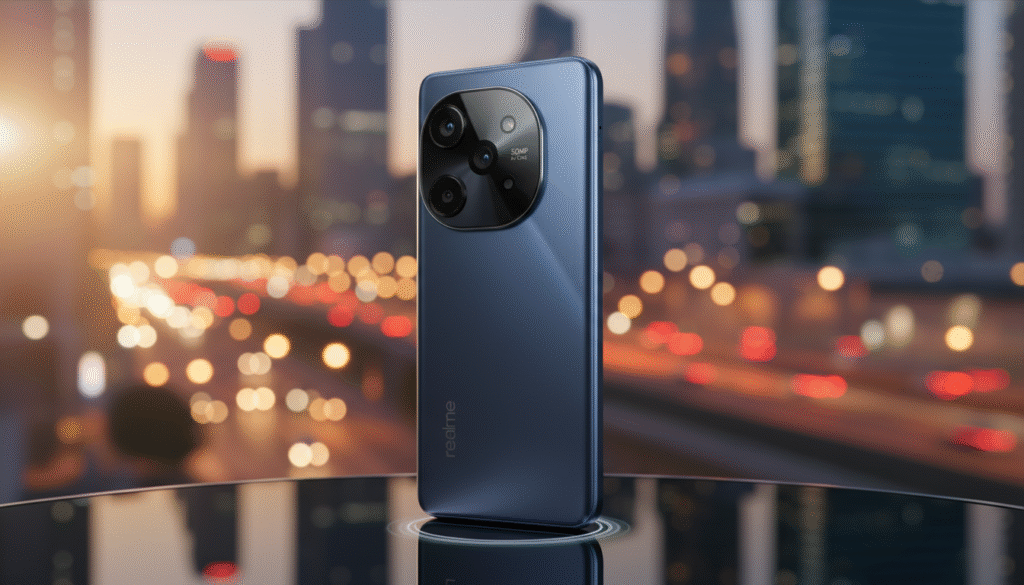 A modern smartphone, the Realme 16, prominently displayed from an angle that highlights its sleek design and high-quality camera features. The camera module on the back features a 50MP lens, appearing glossy and sophisticated. In the foreground, a reflective surface emphasizes the unique selfie mirror feature, with a soft focus on the camera lens to draw attention. The background is softly blurred with a hint of vibrant city lights, creating a dynamic atmosphere that suggests innovation and technology. Use warm, natural lighting to enhance the smartphone's colors, presenting a professional, sleek look. The overall mood should feel cutting-edge and aspirational, inviting the viewer to explore its capabilities.