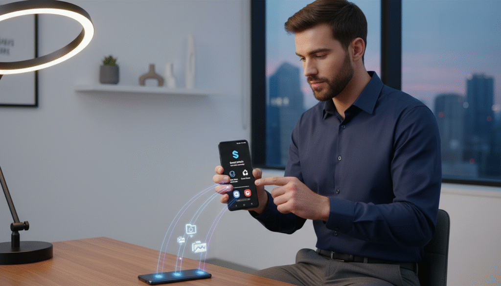 A modern smartphone user engaging with a Samsung Galaxy A15, showcasing the Smart Switch and Quick Share features prominently on the device's Super AMOLED display. In the foreground, the user, dressed in smart casual attire, holds the phone up with a focused expression, as vibrant app interfaces are visible. The middle ground includes a subtle representation of NFC technology, illustrated by glowing connection lines between devices. The background features a sleek, minimalist home or office setting, with soft ambient lighting that enhances the tech vibe. The composition is shot from a slightly elevated angle, highlighting the details on the phone while maintaining an inviting atmosphere of connectivity and innovation.