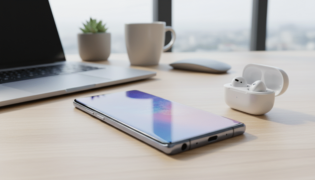 A sleek Samsung Galaxy Note 10, prominently displayed in the foreground, showcasing its elegant design and vibrant display. The device is angled slightly to highlight the absence of a traditional audio jack, perhaps with wireless earbuds nearby, emphasizing the shift to wireless audio. The background features a soft-focus modern workspace, with subtle hints of technology—a laptop and a stylish desk setup—creating a seamless blend of productivity and lifestyle. The lighting is bright and natural, suggesting an inviting atmosphere, while the angle captures the phone at eye level, allowing viewers to engage with the device directly. The overall mood is contemporary and professional, ideal for illustrating the modern advancements in smartphone technology.